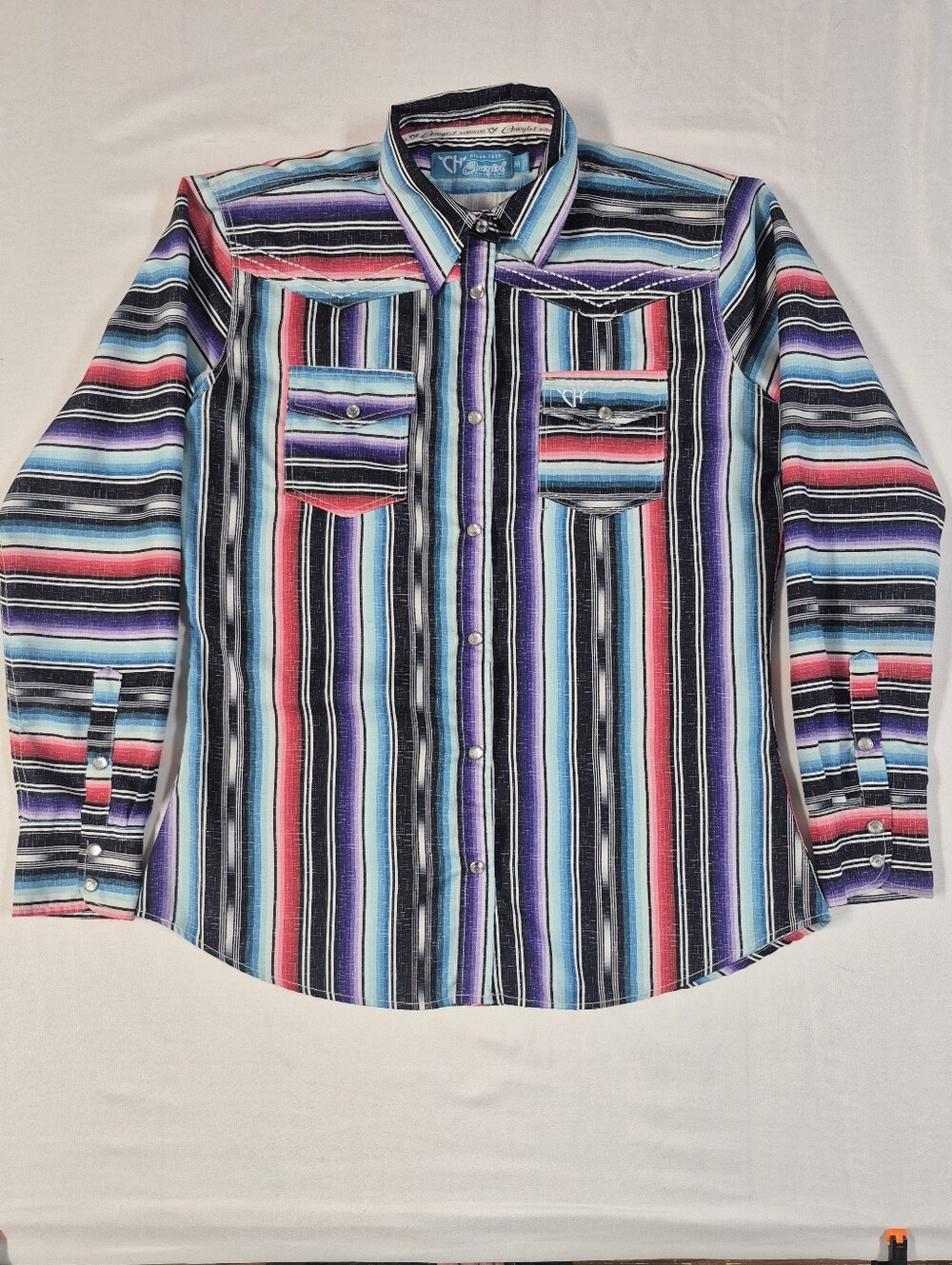 Cowgirl Hardware Womens Long Sleeve Western Pearl Snap Shirt Black Purple Serape